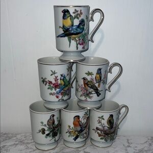 Vintage Royal Crown Floral Bird Design Porcelain Mug Set of 6